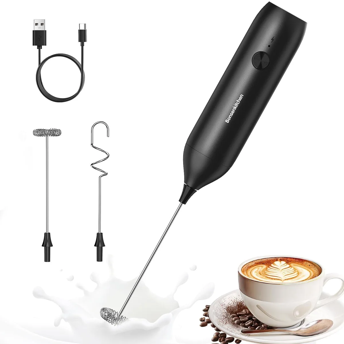  Bonsenkitchen MF8715 Handheld Milk Frother USB-C 500mAh 15s 304 Stainless 17in — product photo