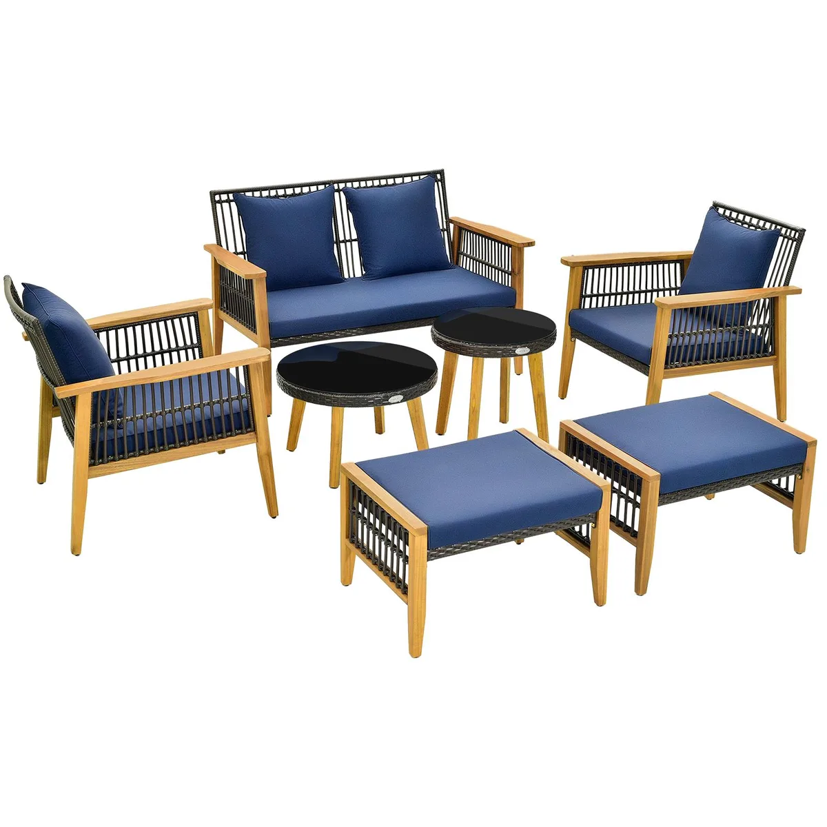 SlickBlue SlickBlue 7 Piece Outdoor Conversation Set Navy Mix Brown Acacia Wood Frame — product photo