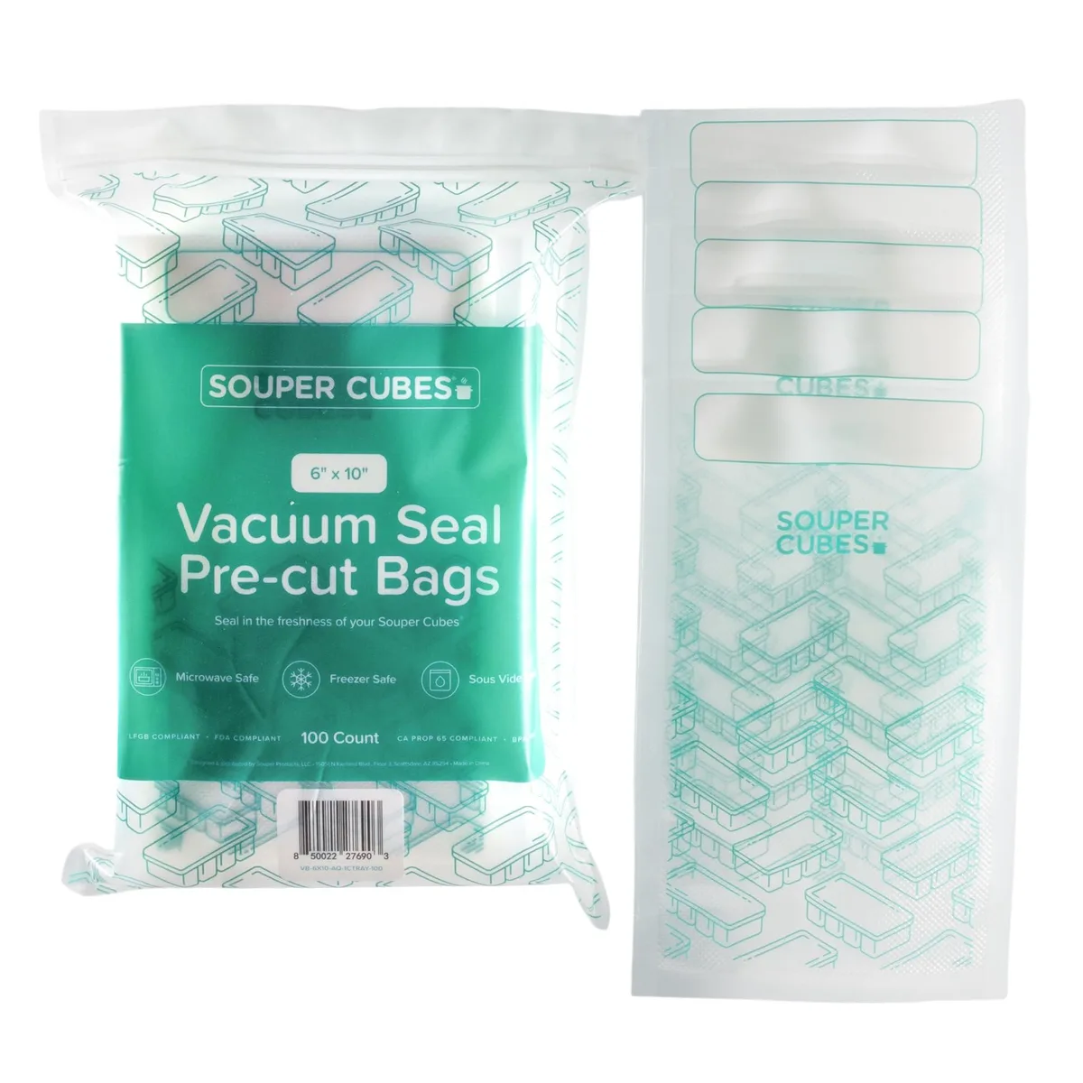 Clear precut vacuum sealer bags in a rectangular box, 100-count