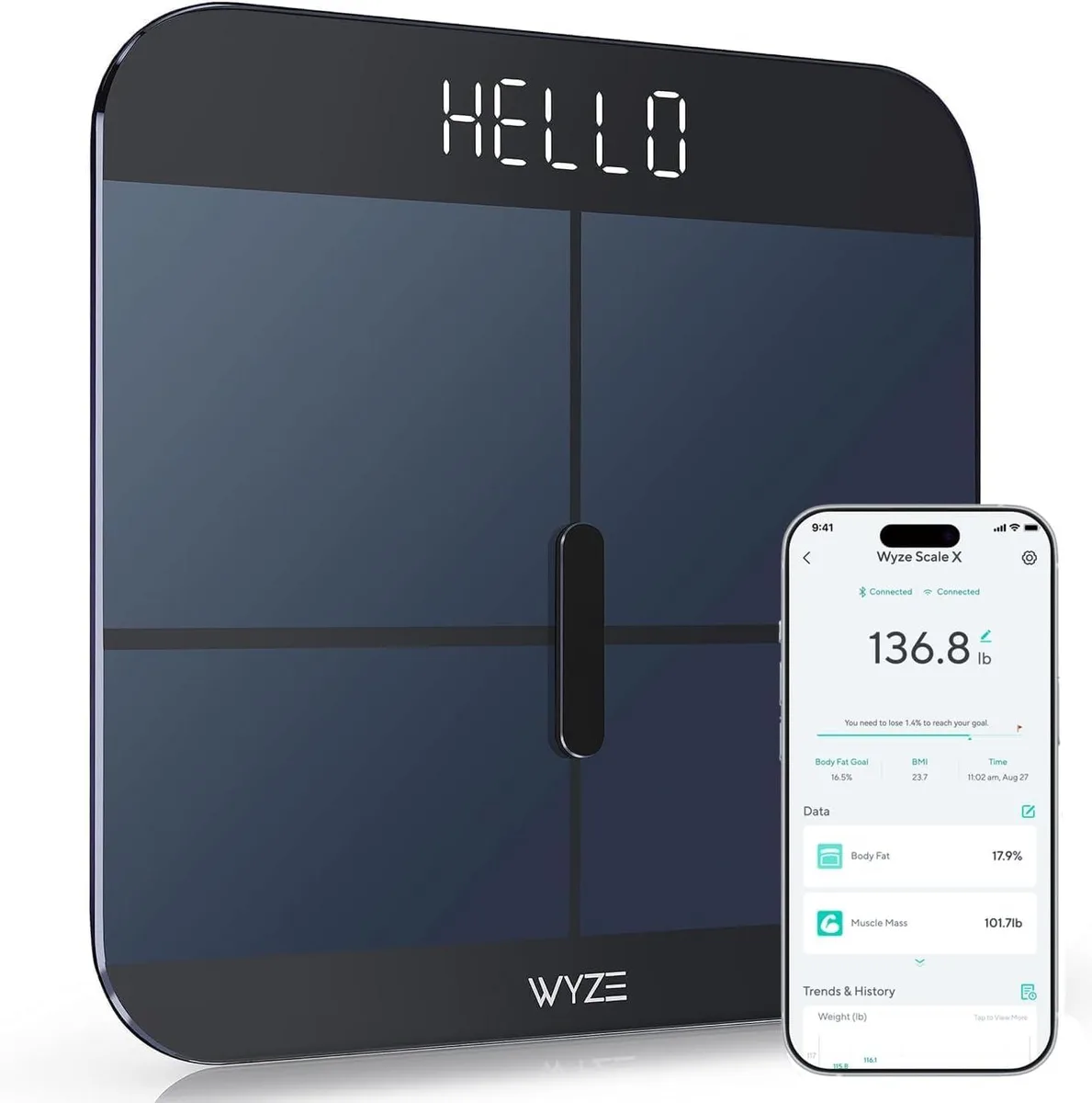 Black rectangular digital bathroom scale with tempered glass surface and LED display