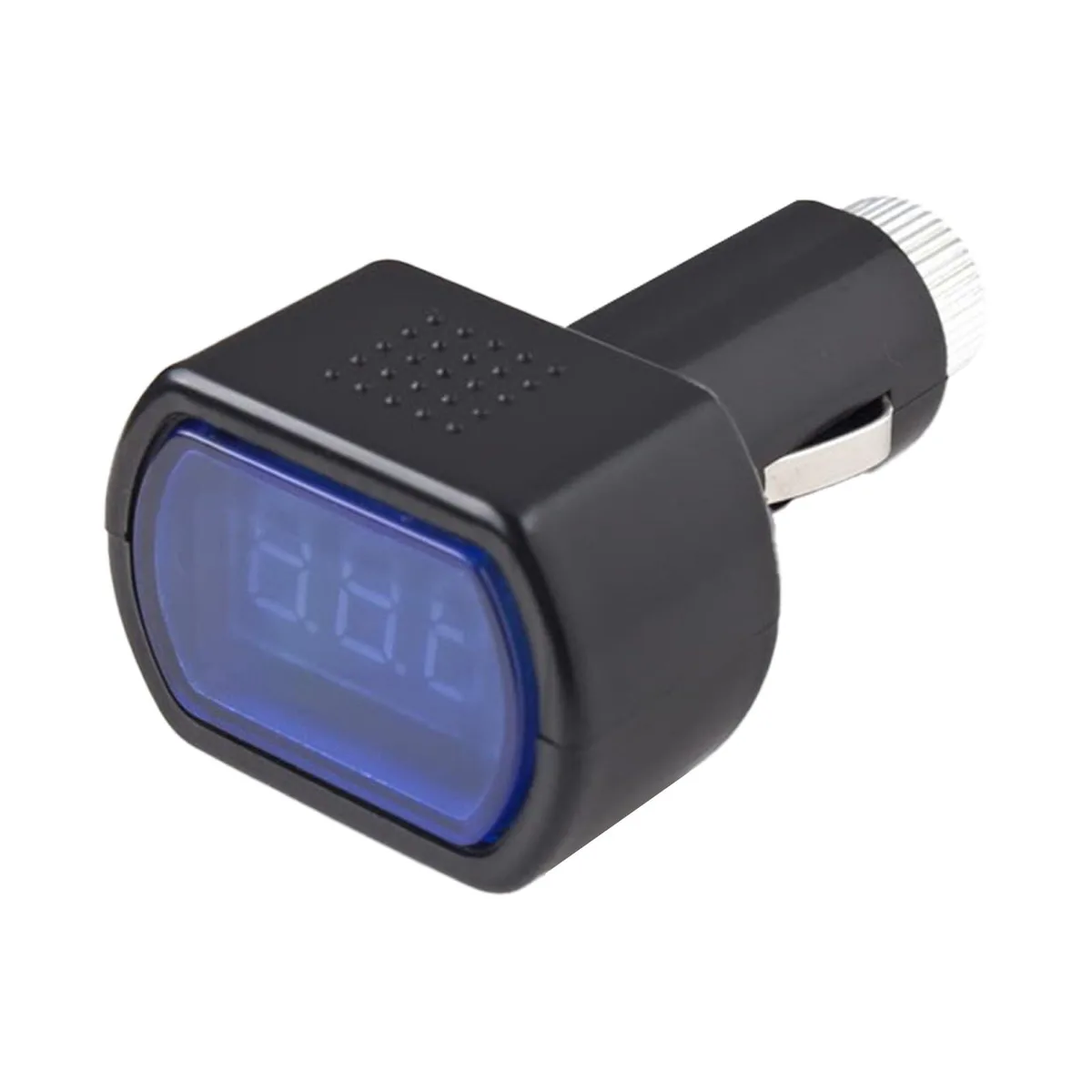 Black digital voltmeter with LED display plugs into cigarette lighter socket