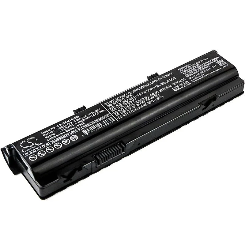 Rectangular black laptop battery with label and connector