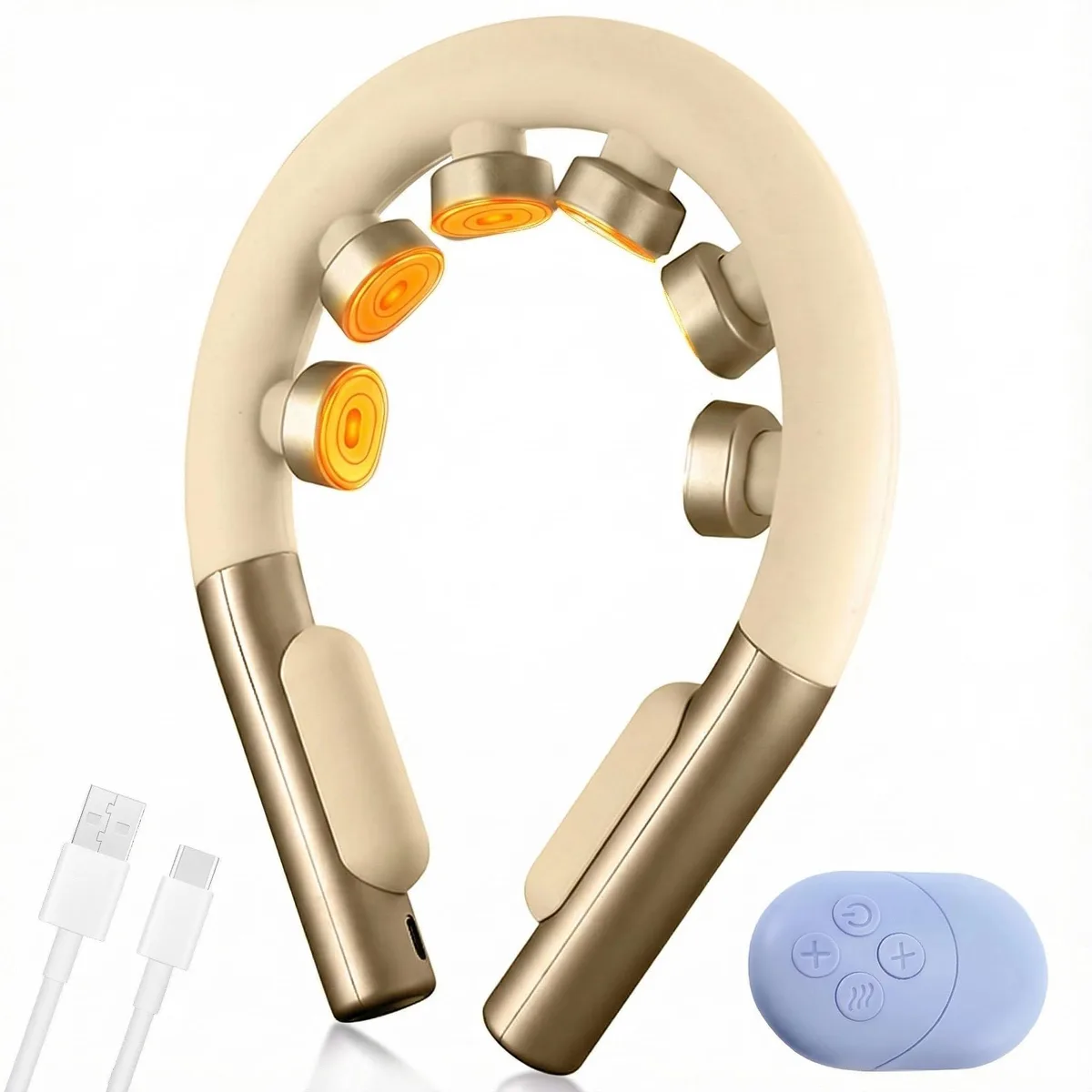 White U-shaped neck massager with heat function, lightweight plastic wrap-around design