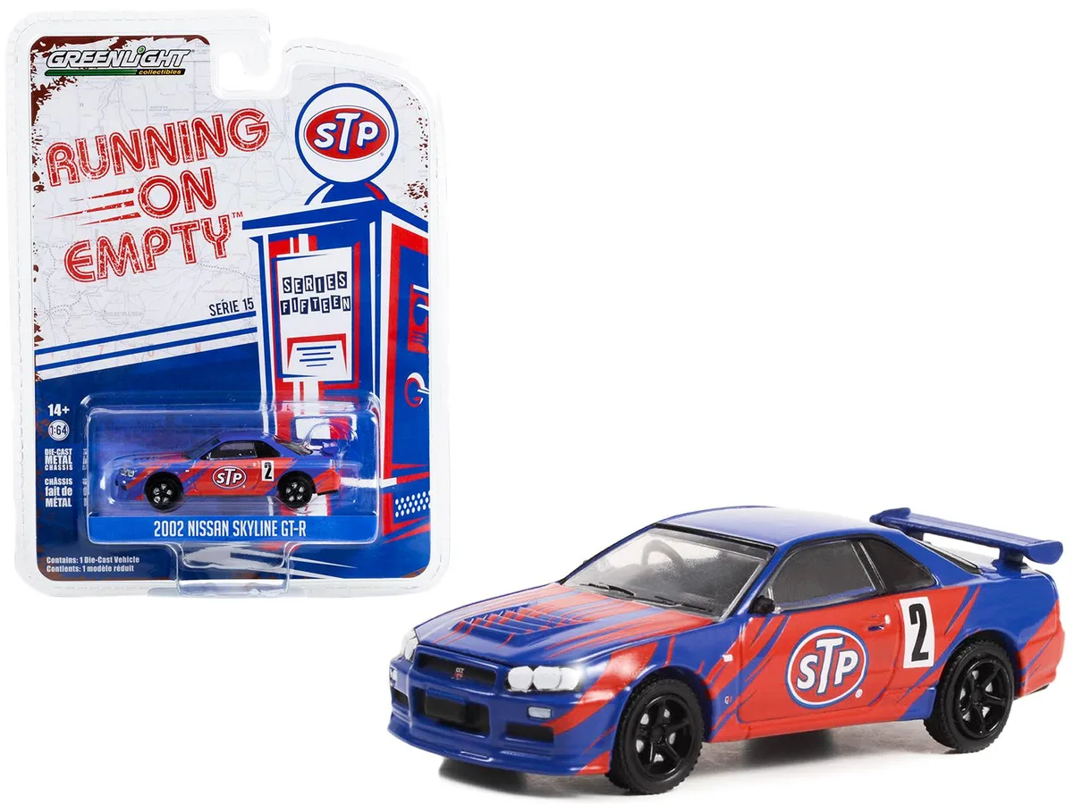 GREENLIGHT GREENLIGHT 2002 Nissan Skyline GT-R (R34) #2 Blue Red Graphics STP Series 15 1/64 Diecast Hobby Collectible — product photo