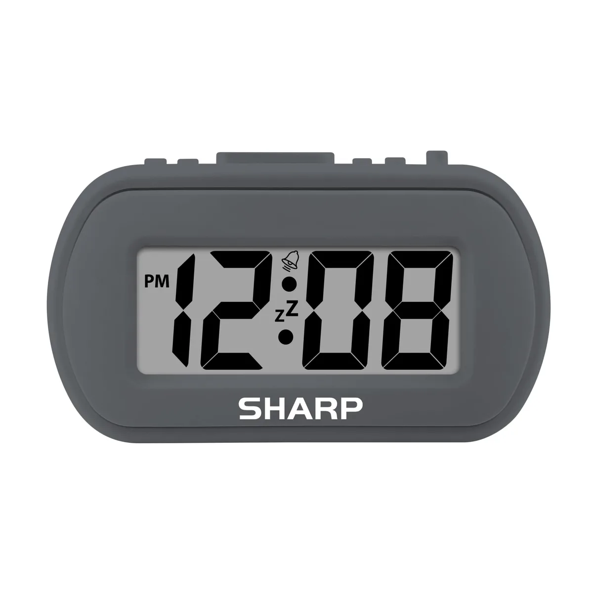 Small rectangular digital clock in charcoal black with rubberised finish