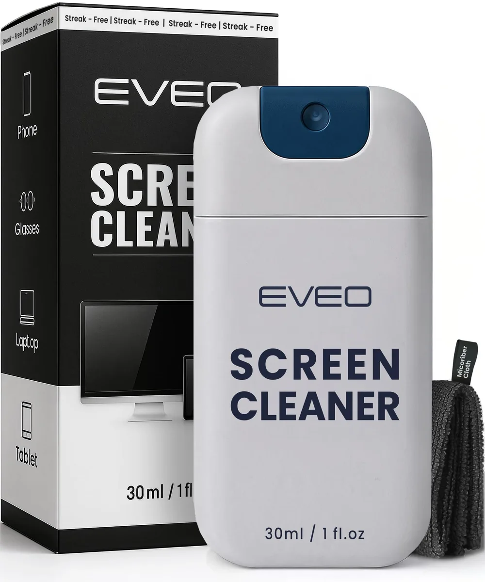EVEO screen cleaner spray bottle with microfiber cloth
