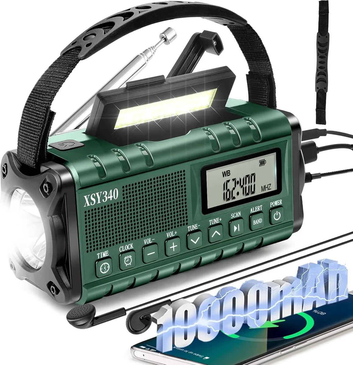 Yellow rectangular emergency radio with LCD display, solar panel, hand crank, flashlight and reading lamp