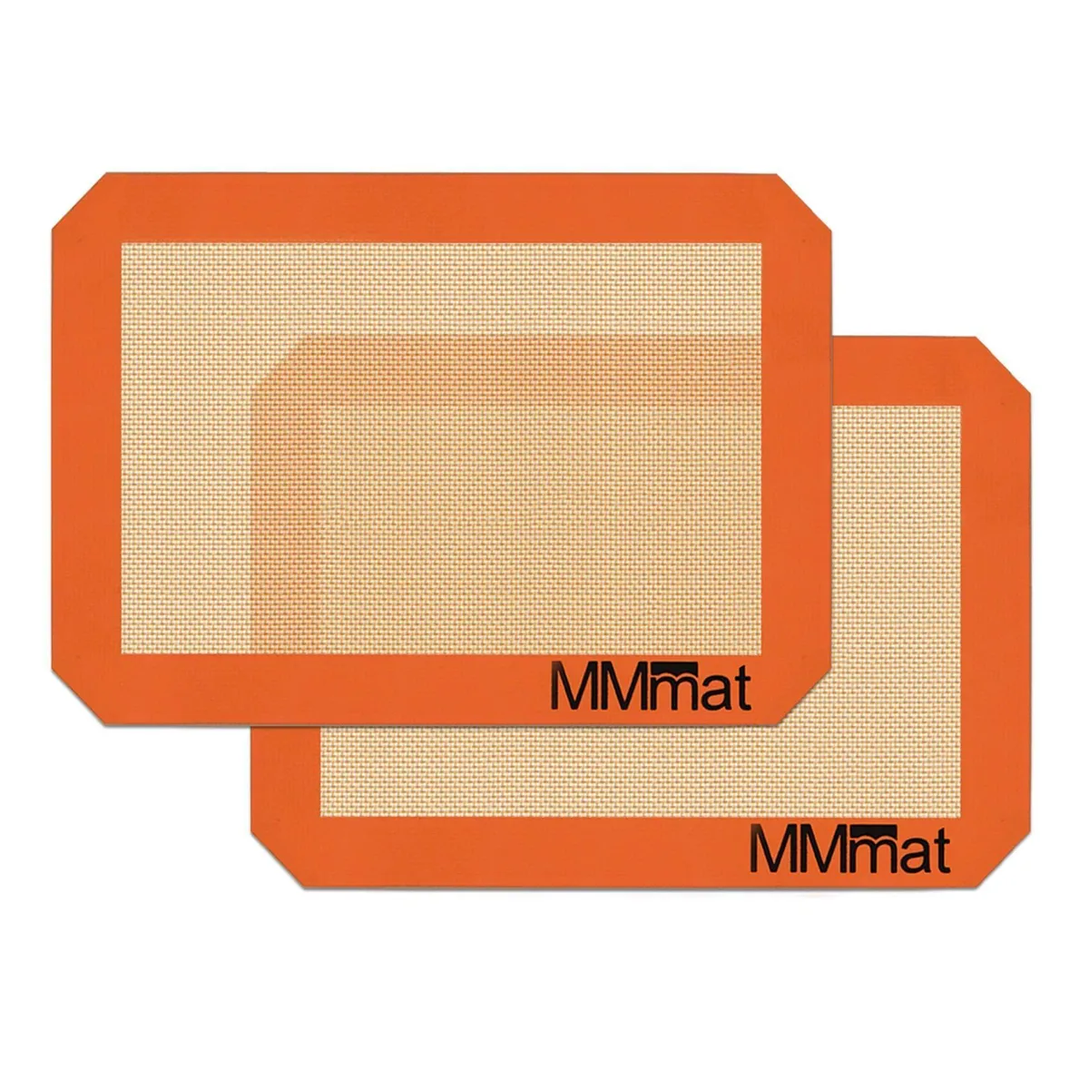 Two orange-golden silicone quarter-sheet mats on a surface