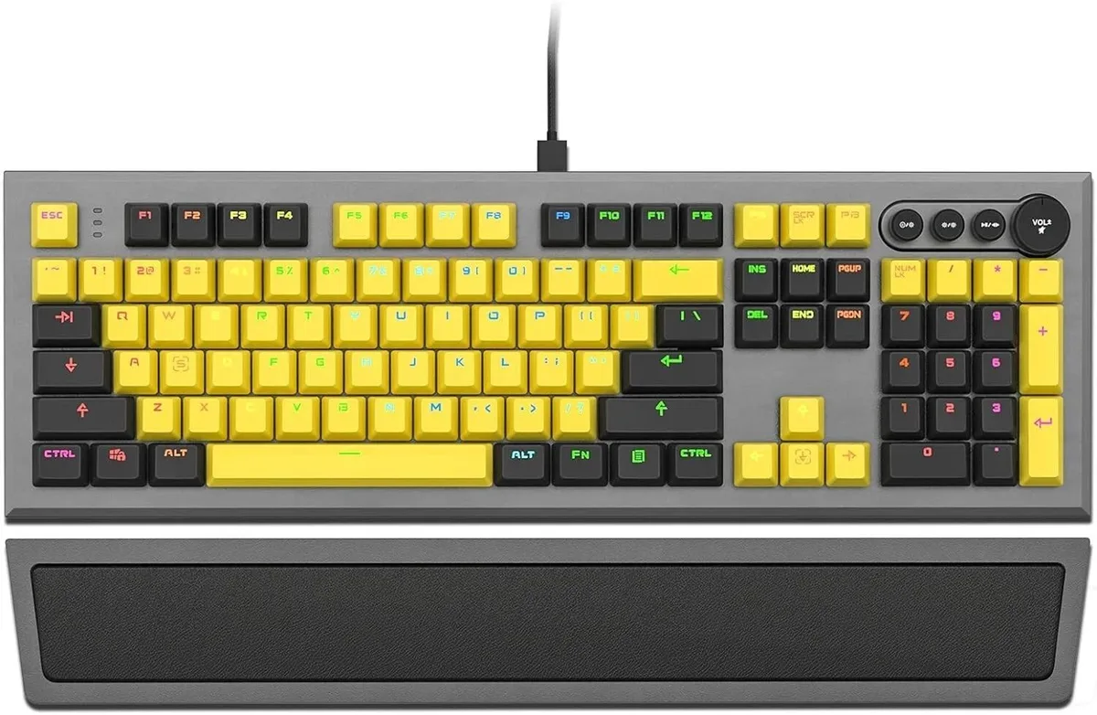 Redragon 104-key wired gaming keyboard, blue switches, 18 RGB modes — product photo