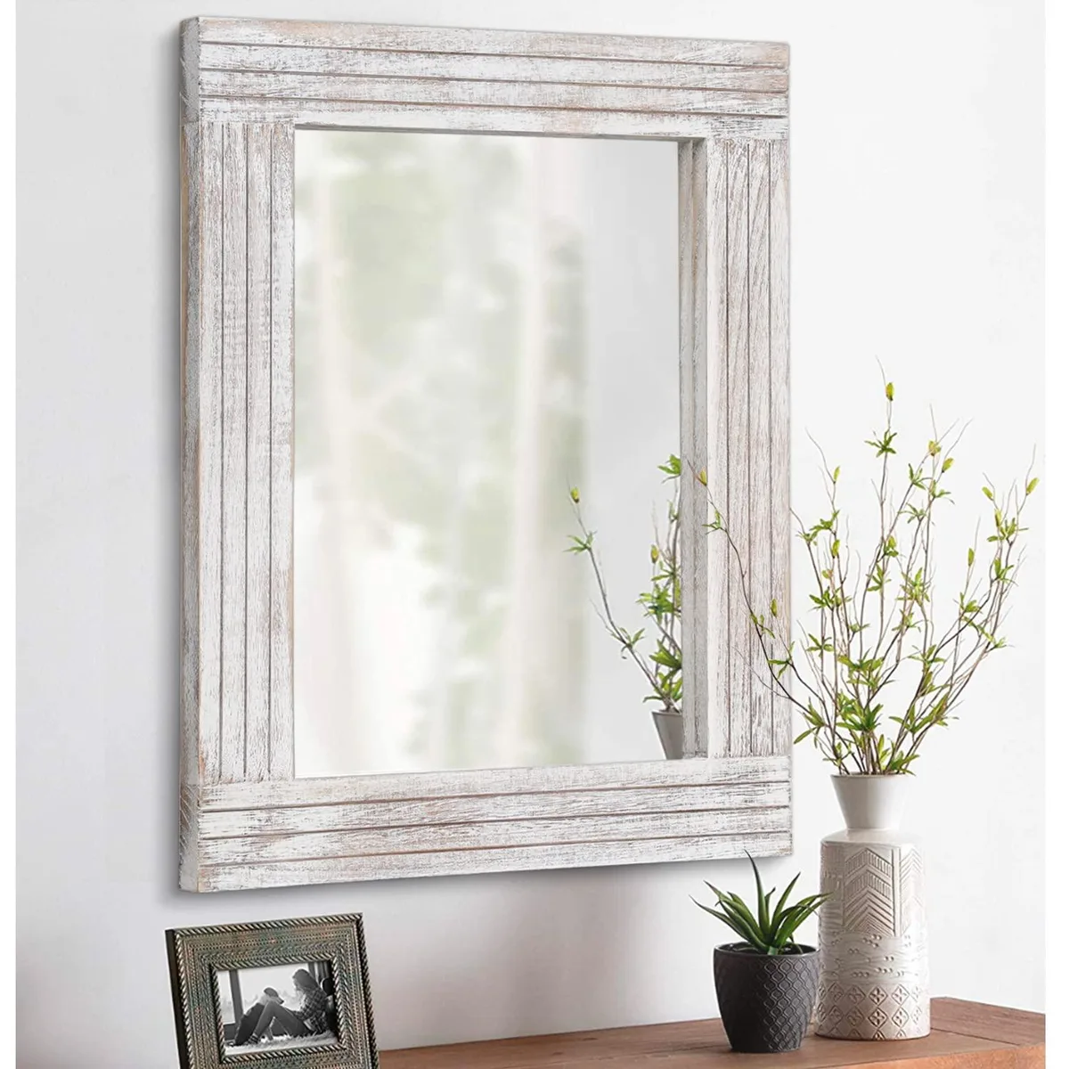 Rectangular wooden mirror with rustic white frame measuring 16 by 12 inches