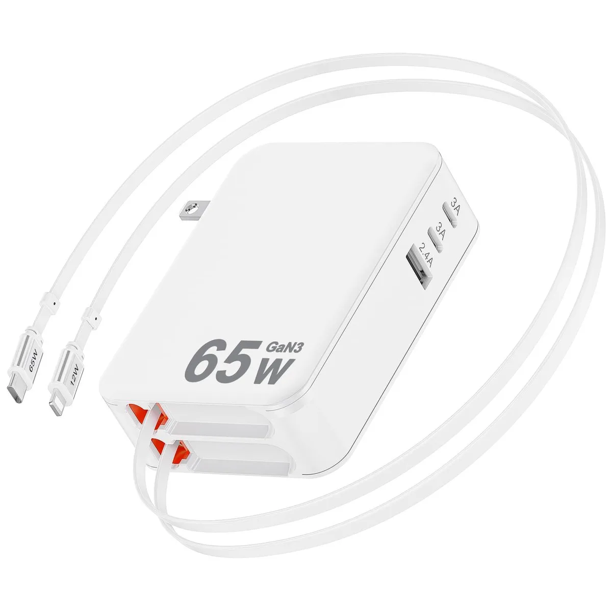 Compact white wall charger with two retractable cables and folding plug