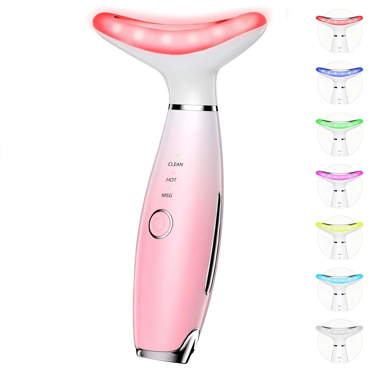 Pink handheld facial massager with smooth ABS body and metal sensor panels
