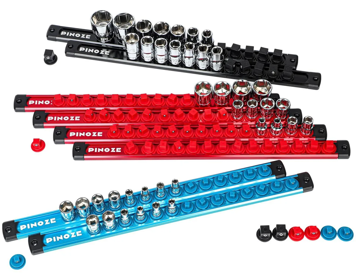 Eight magnetic socket trays in blue, red and black with rotating clips