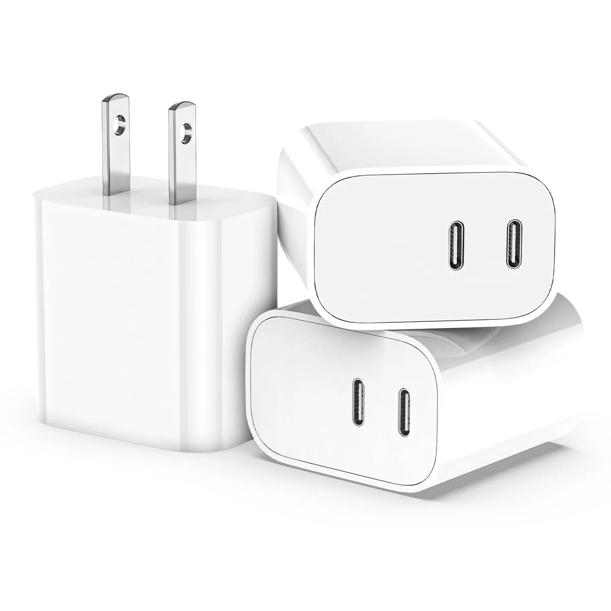 Three compact white dual USB-C wall chargers side by side