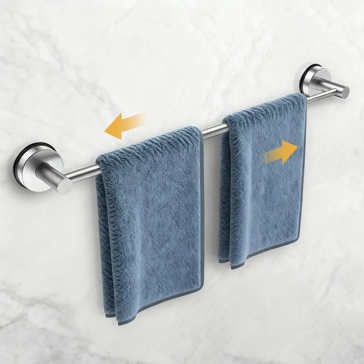 Adjustable brushed silver towel bar with suction cups, extends from 14.6 to 24 inches