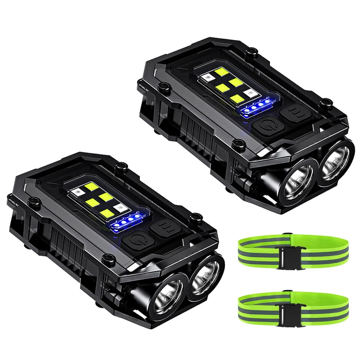 Two small aluminium lights with magnetic clips and arm bands, keychain attached