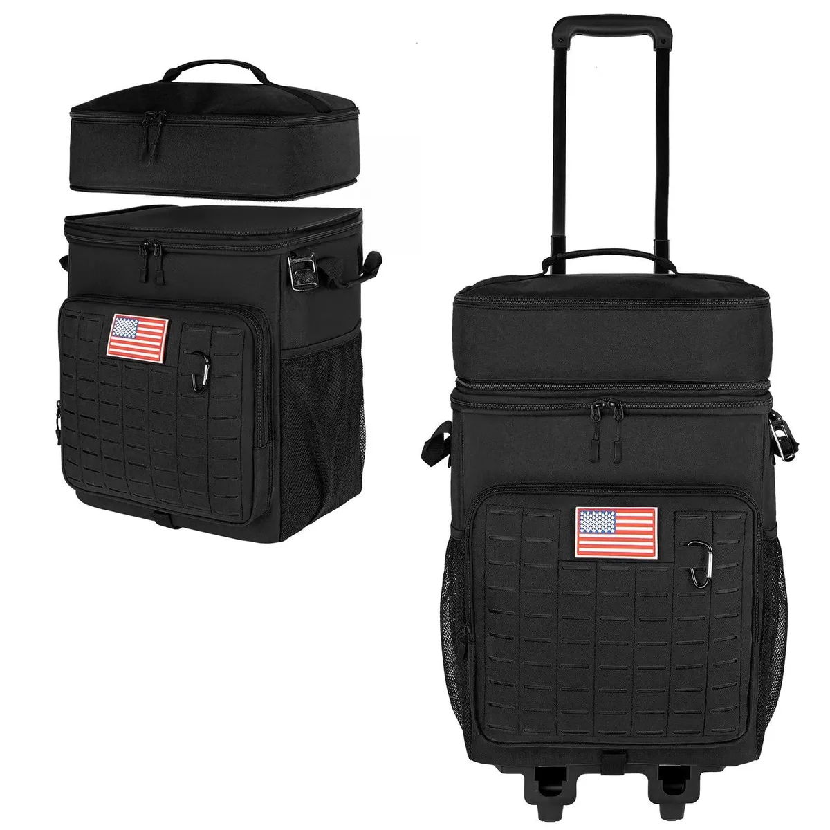 Black two-tier rolling cooler bag with wheels and retractable handle