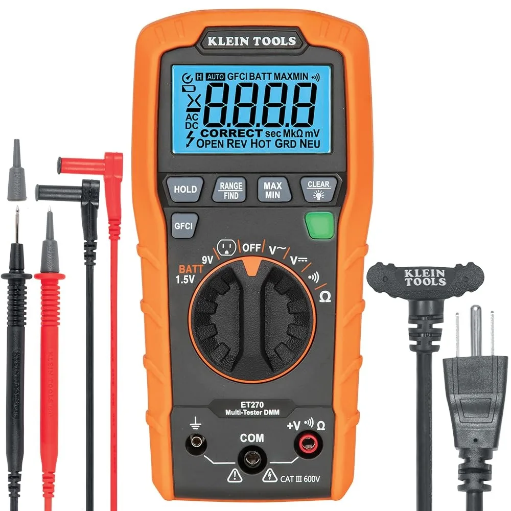 Yellow rectangular digital multi-tester with LCD screen, test leads and receptacle cord