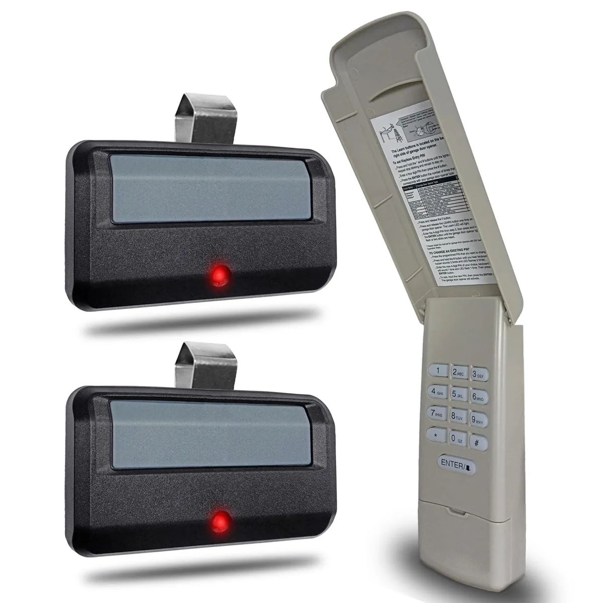 A black rectangular keypad with flip cover beside a small three-button remote control