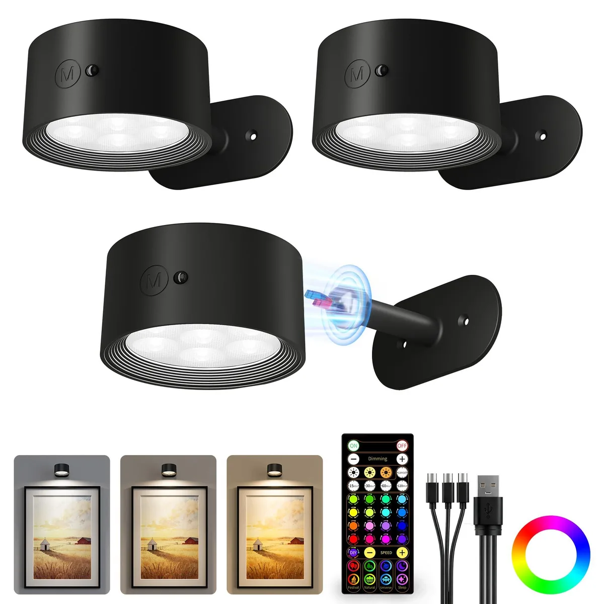 Three black rechargeable LED picture lights with magnetic bases and remote control