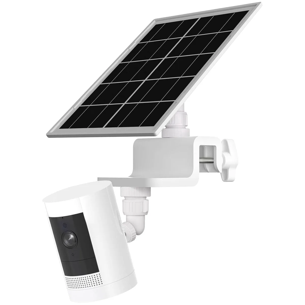 White rectangular solar panel with integrated gutter mount clamp and adjustable ball joints