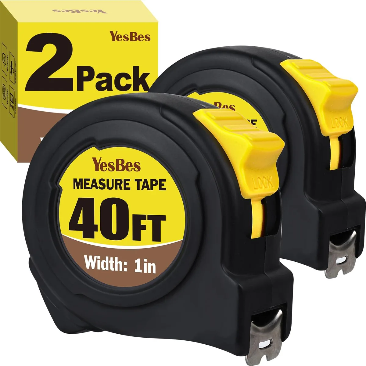 Two yellow tape measures in ABS cases with 40 ft 1 in blades