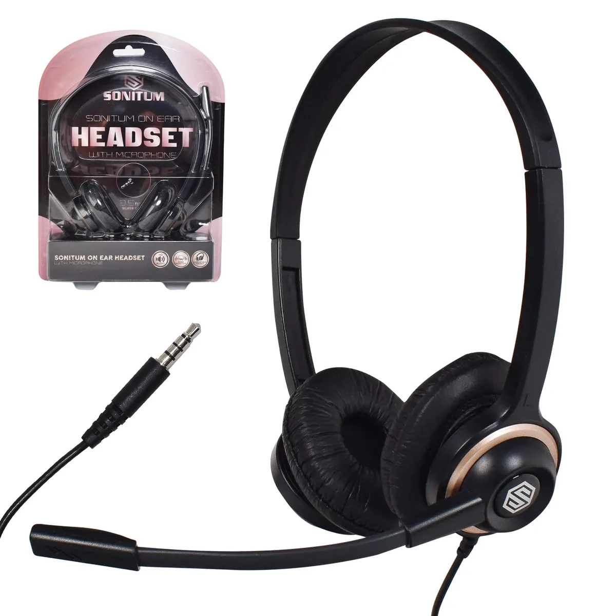Black over-ear headset with cushioned pads, rotating boom mic and inline remote