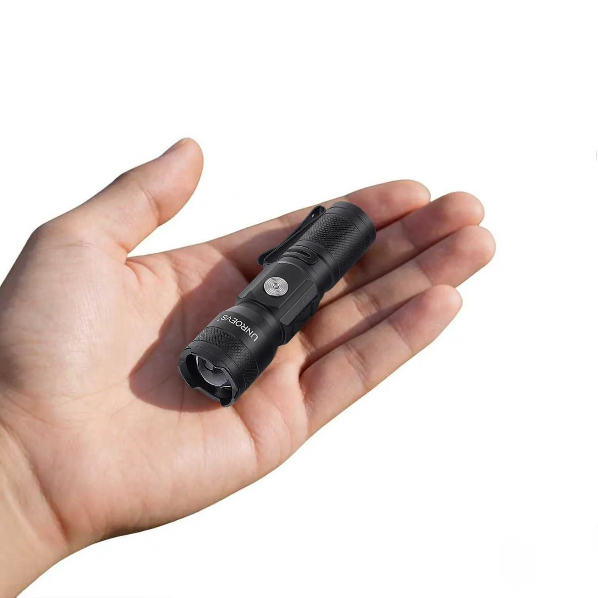 Compact cylindrical aluminium flashlight with USB-C port and flat switch