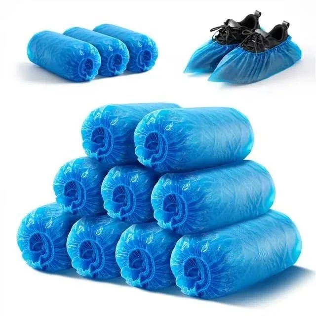 Blue disposable CPE shoe covers in a 100-piece pack, elasticated ankle, waterproof non-slip texture