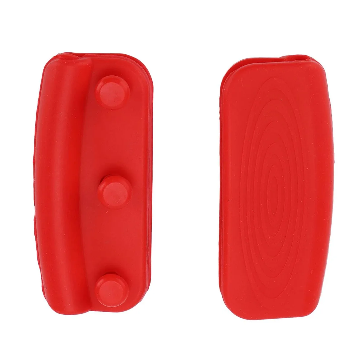 Two red silicone pot handle holders with textured grip surface