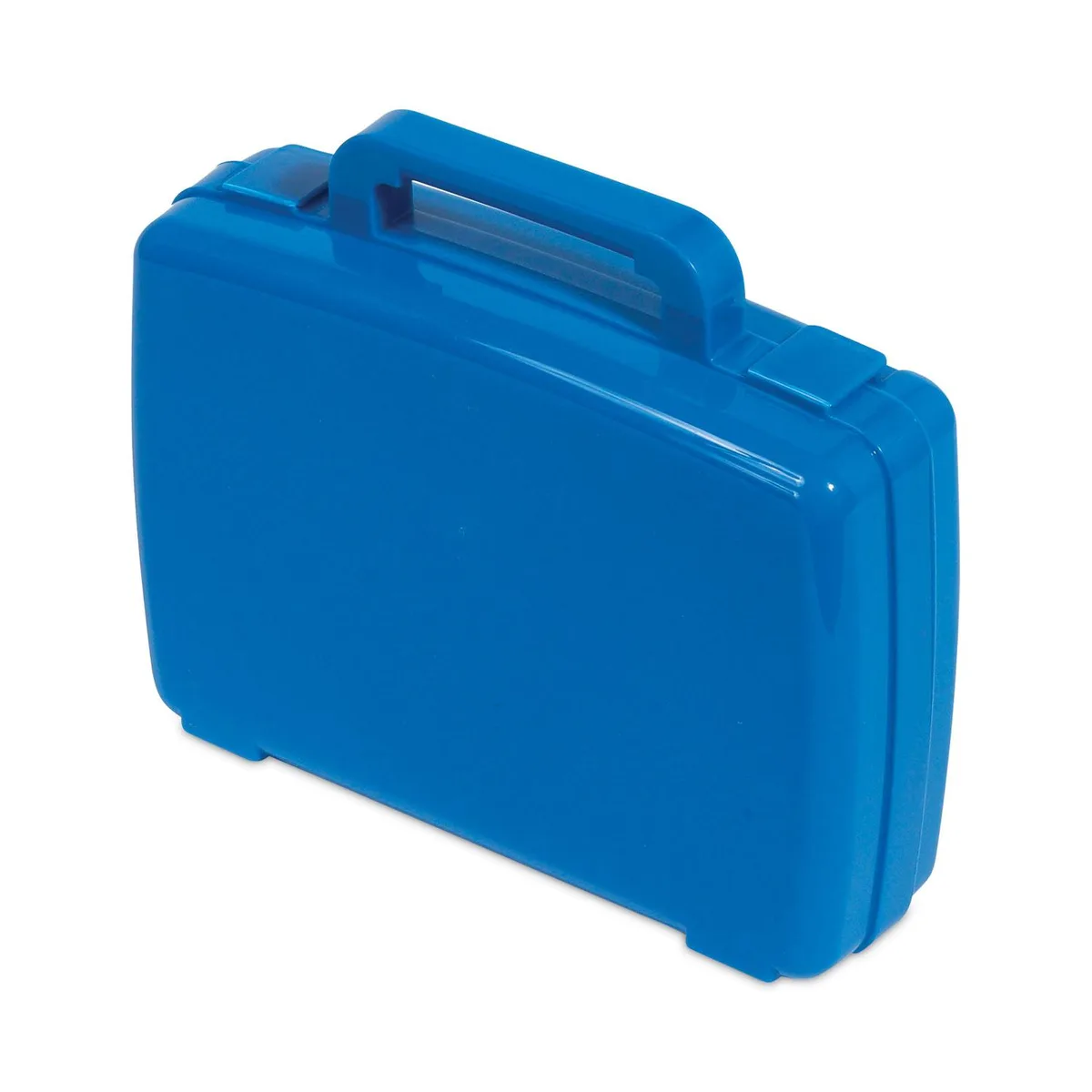Blue polypropylene storage case with handle and latches, 2.79 x 10.23 x 8.58 inches