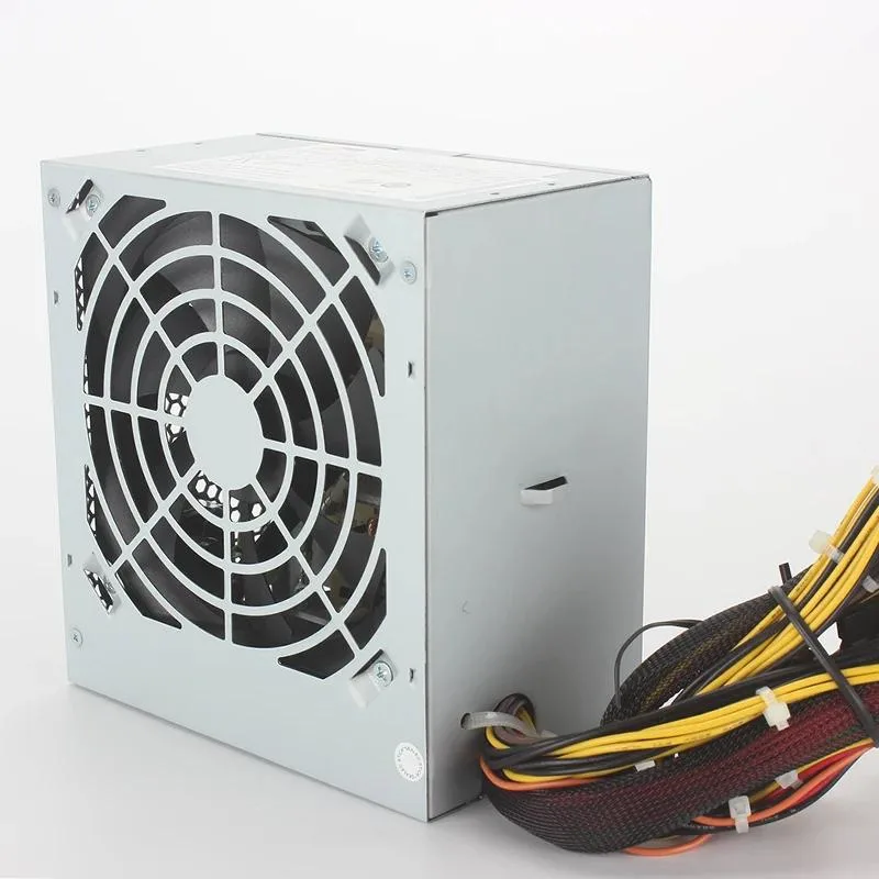 Black ATX power supply unit with cooling fan and cable bundle