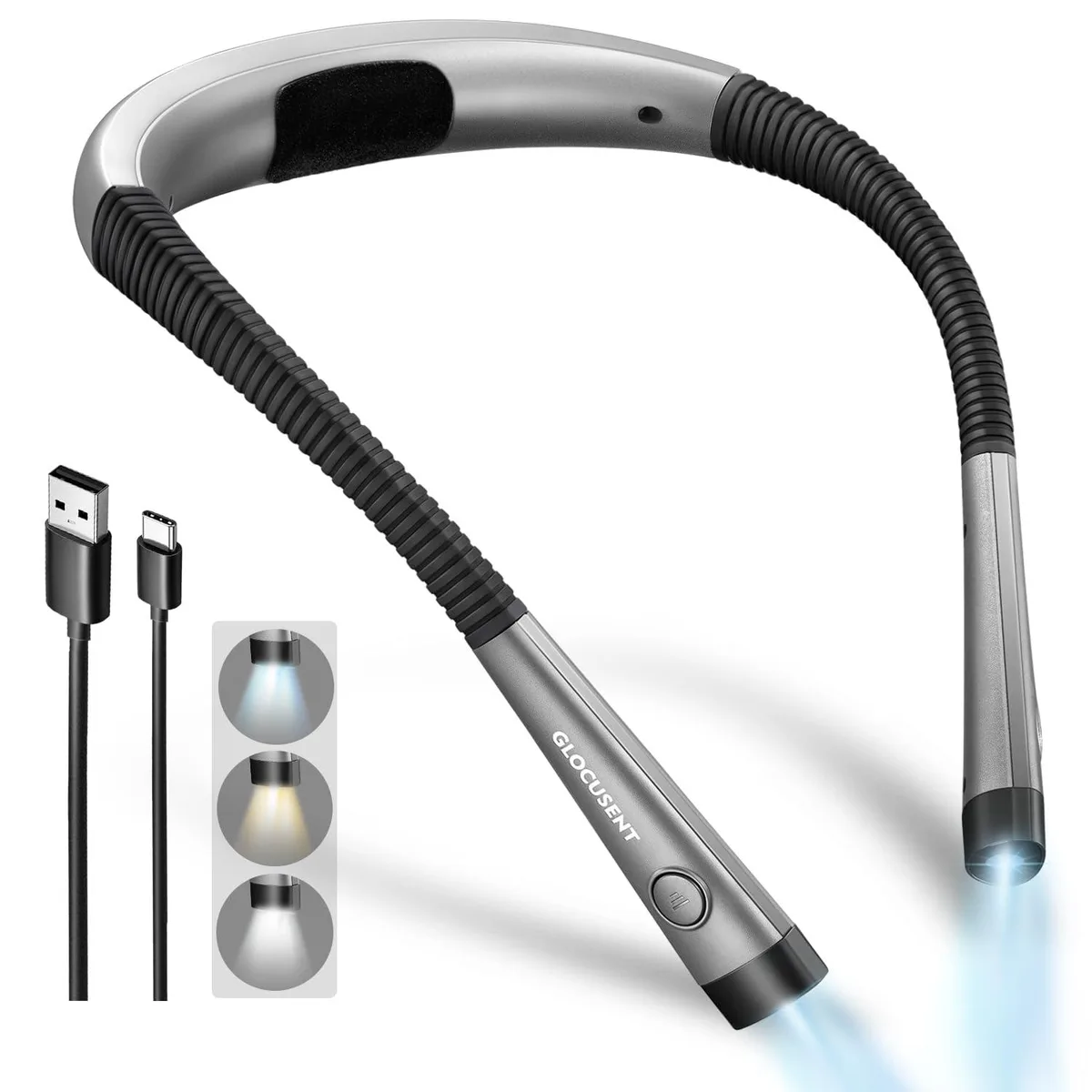 Flexible neck-worn LED light with two adjustable heads, matte finish, USB-C port