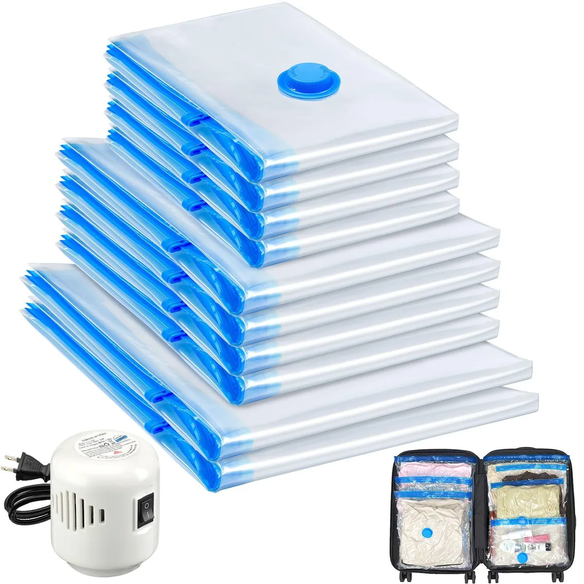 Clear rectangular vacuum storage bags in four sizes with a small white electric pump