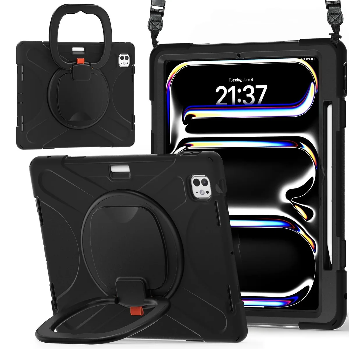Black rugged case for 13 inch iPad Pro 2024 with 360 rotatable stand pencil holder and shoulder strap
