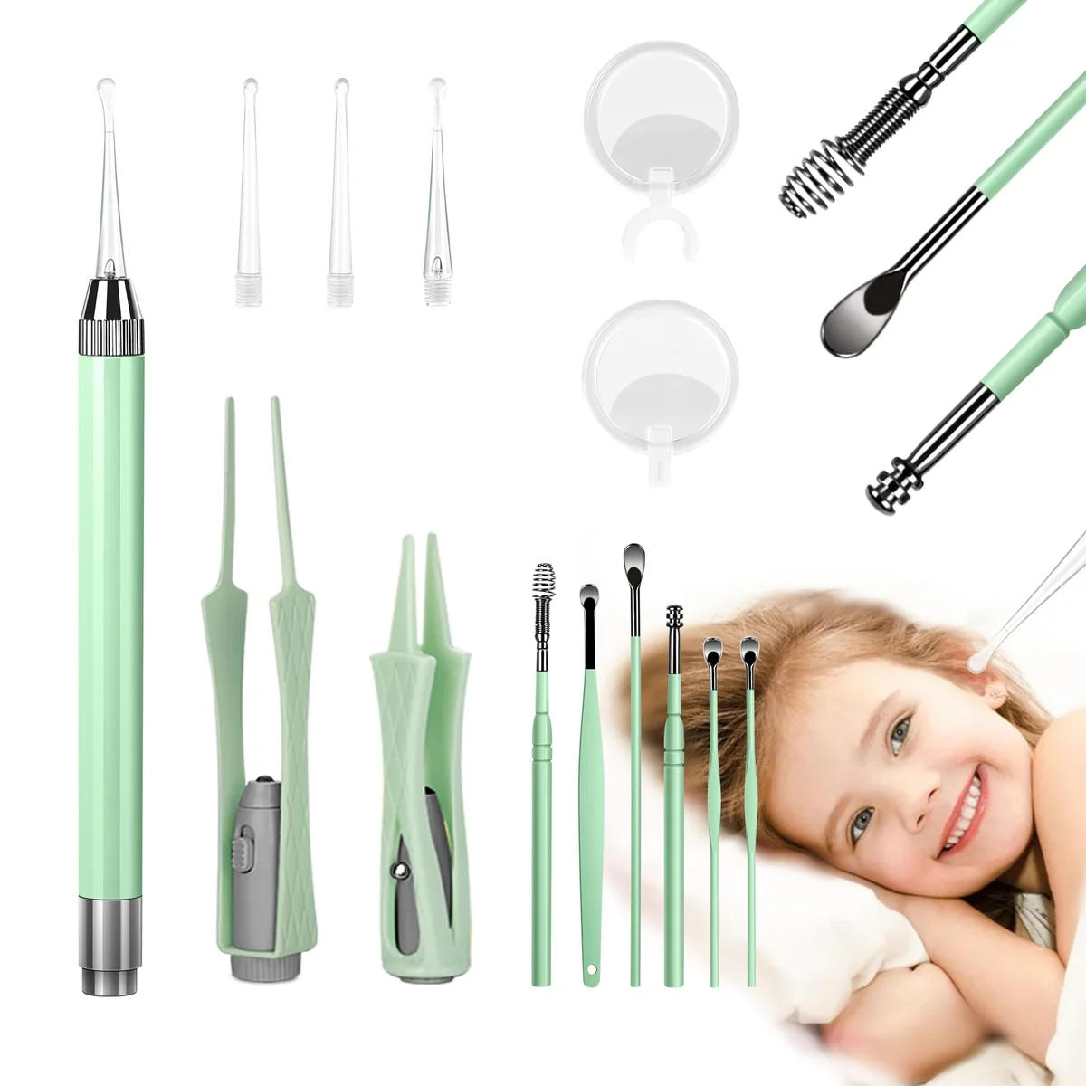 Green 15-piece ear wax removal kit with LED tools and magnifiers in compact case