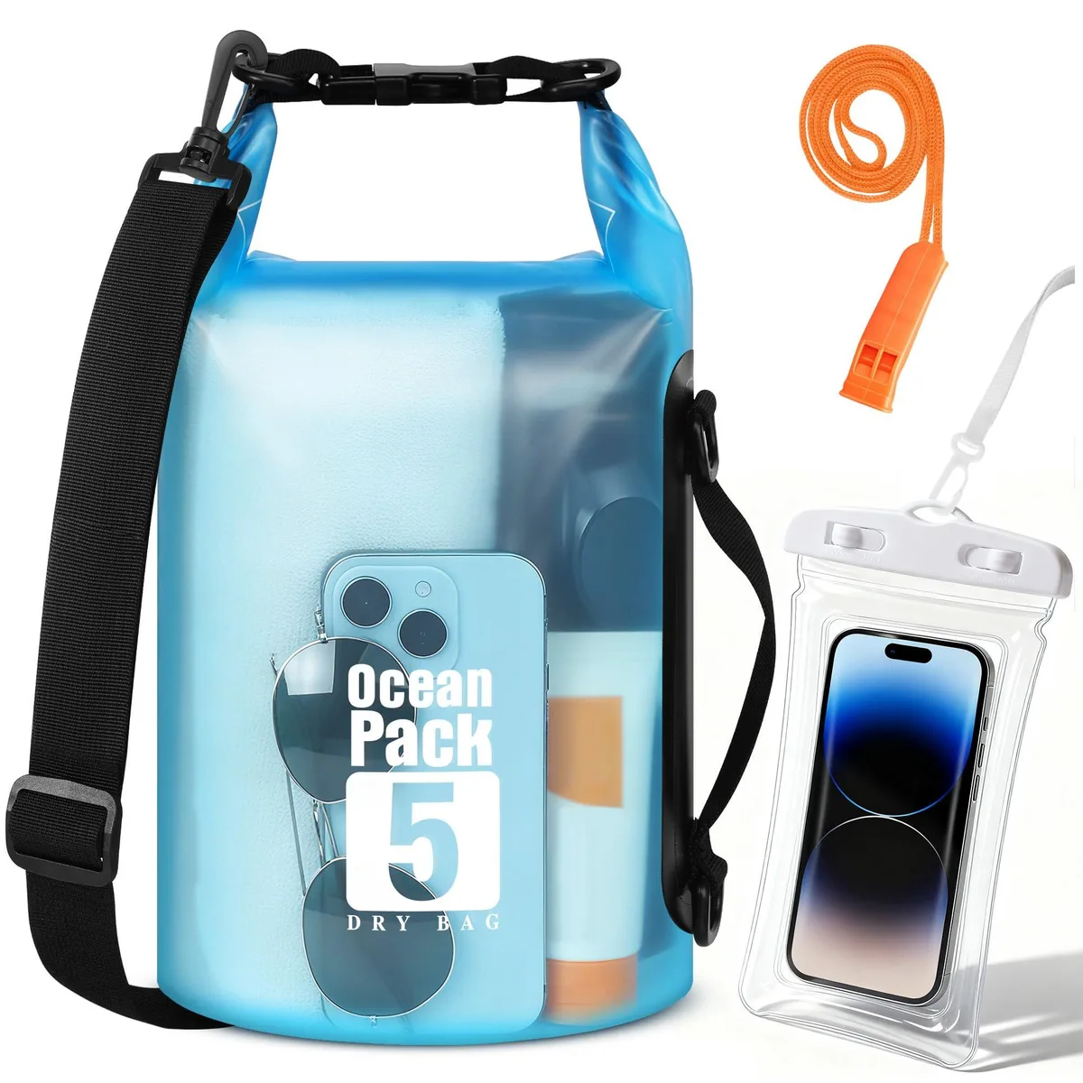 Small 5L roll-top dry sack in clear PVC with adjustable strap, floating phone pouch and whistle