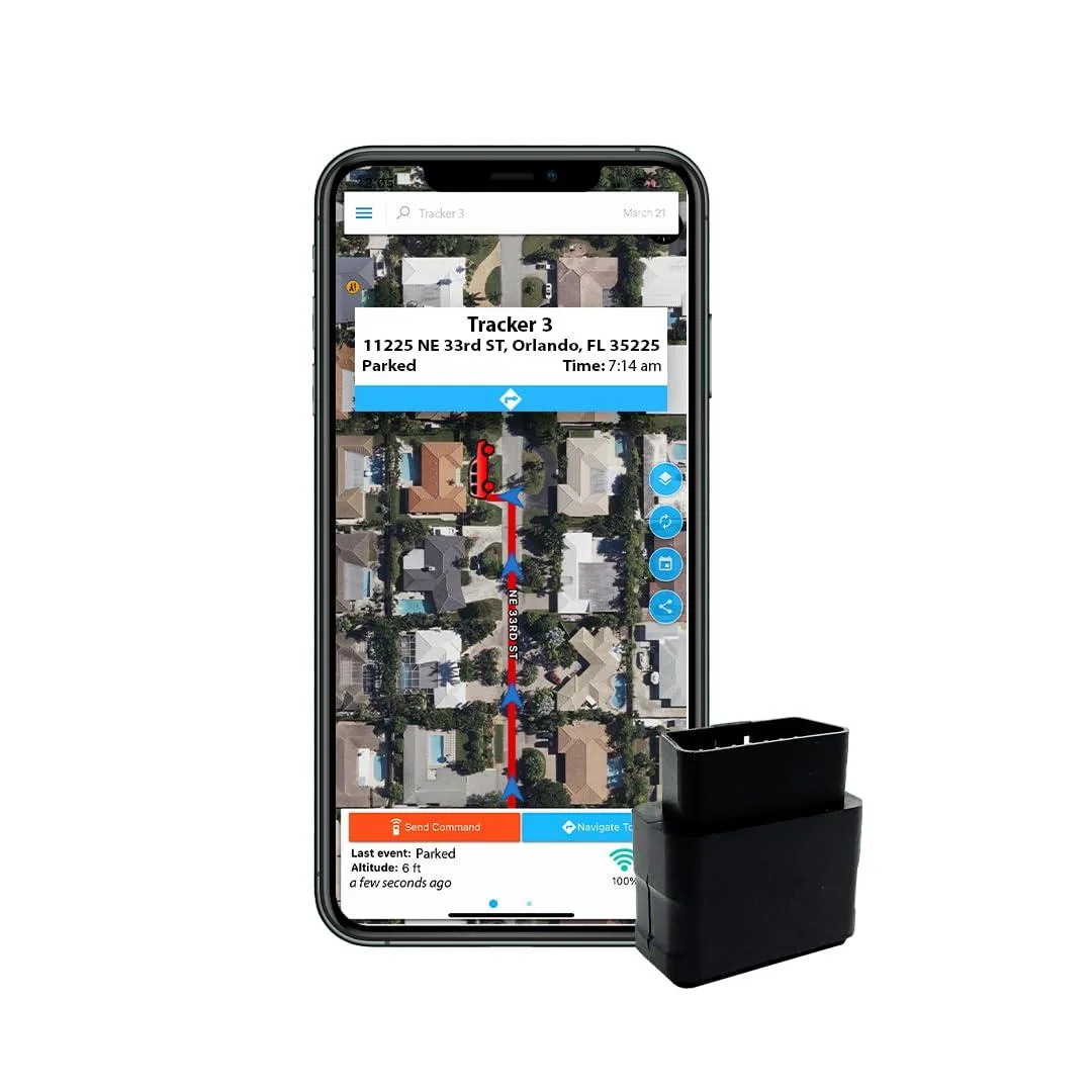 Small rectangular GPS tracker with OBD plug and coiled extension cable, matte black finish