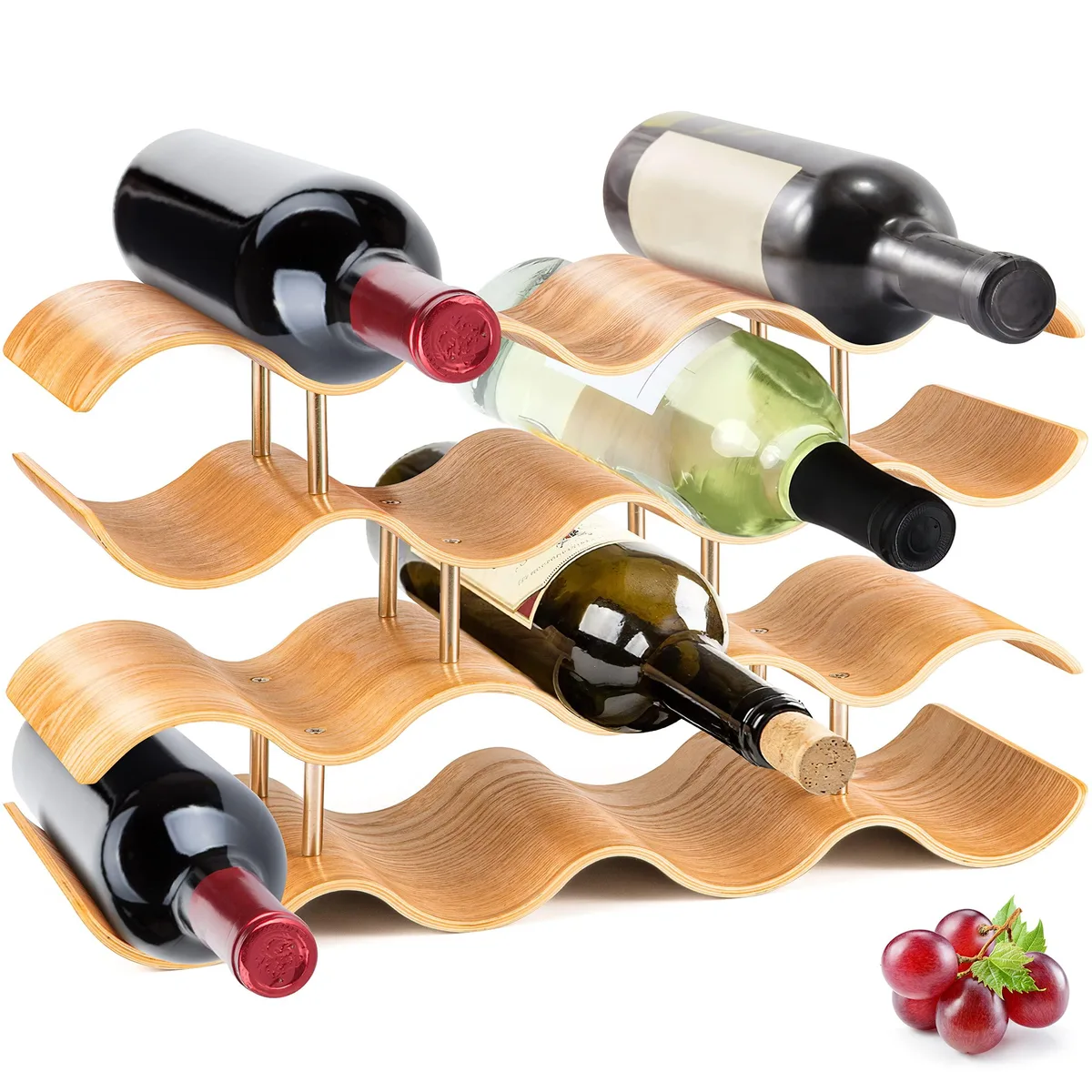 Light bamboo four-tier countertop rack with wave-shaped slots holding fourteen bottles