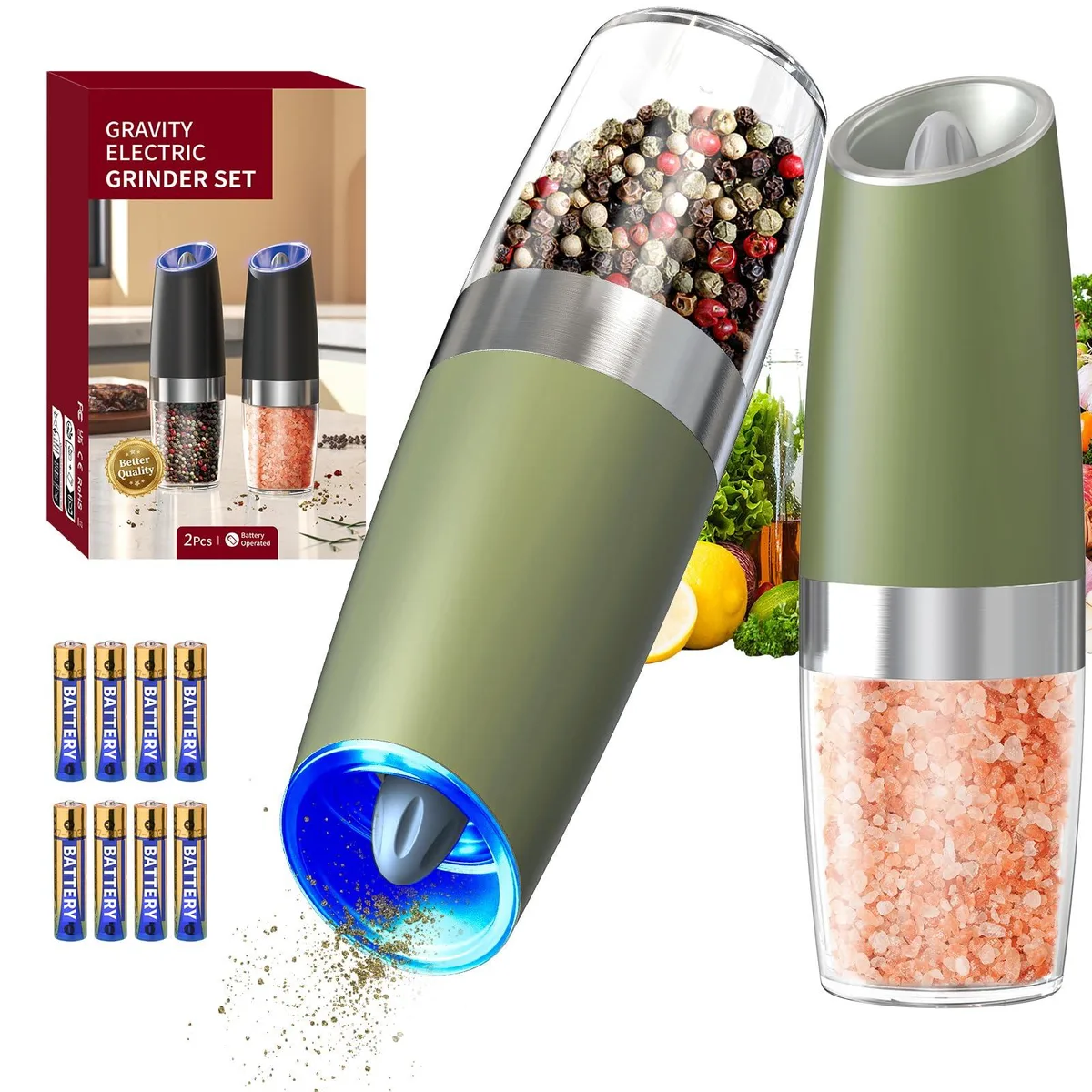 Two green electric gravity grinders with blue LED lights