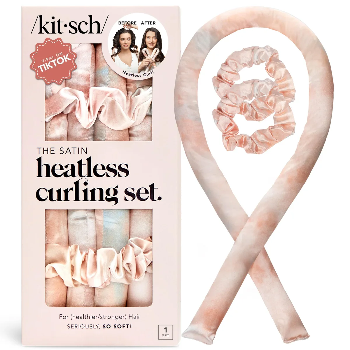 Satin heatless curling rod set in sunset tie-dye with two matching scrunchies