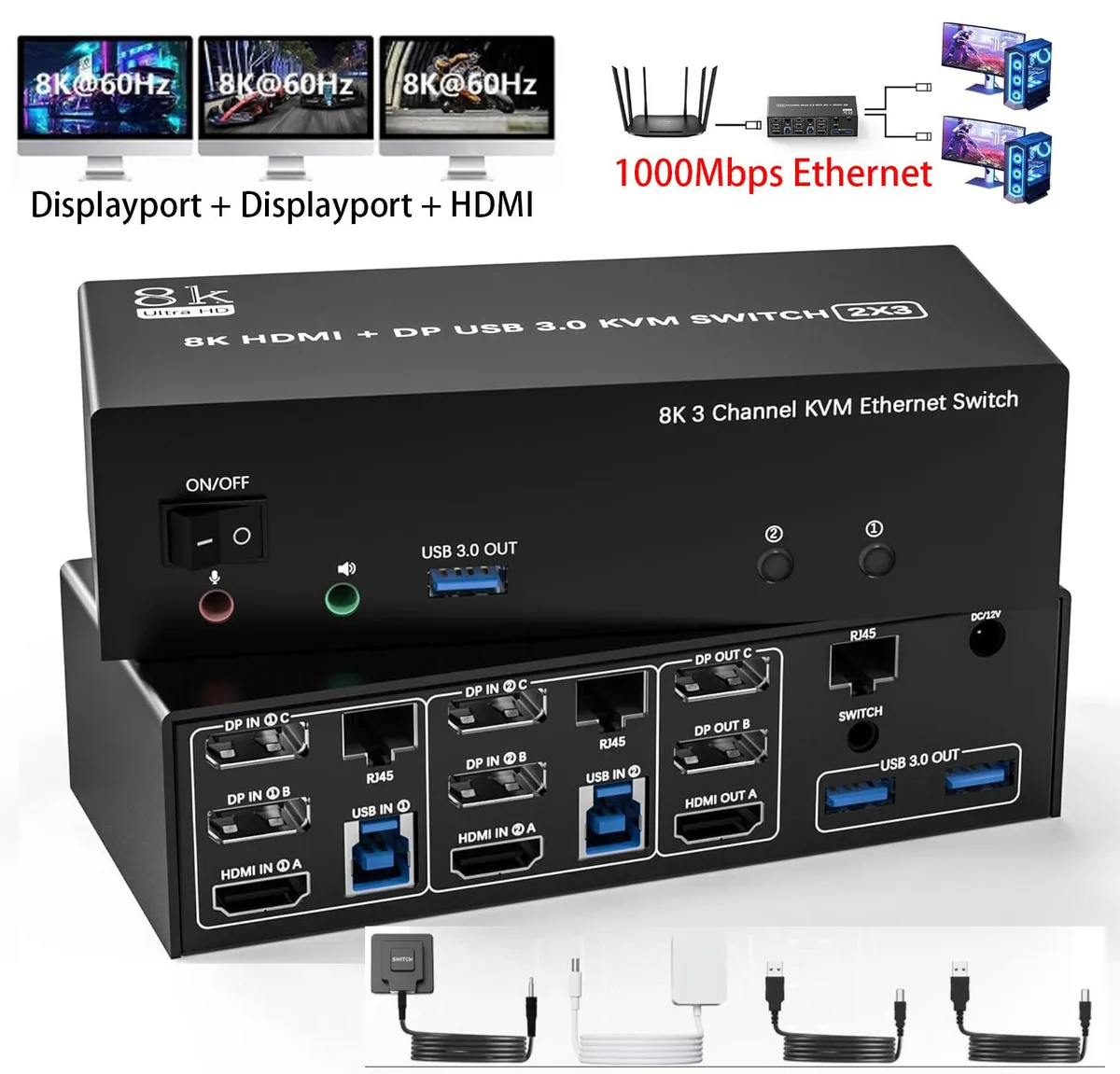 IHDAPP IHDAPP KVM Switch 3 Monitors 2 Computers 8K@60Hz 4K@144Hz 2 DP + HDMI USB 3.0 Wired Remote — product photo