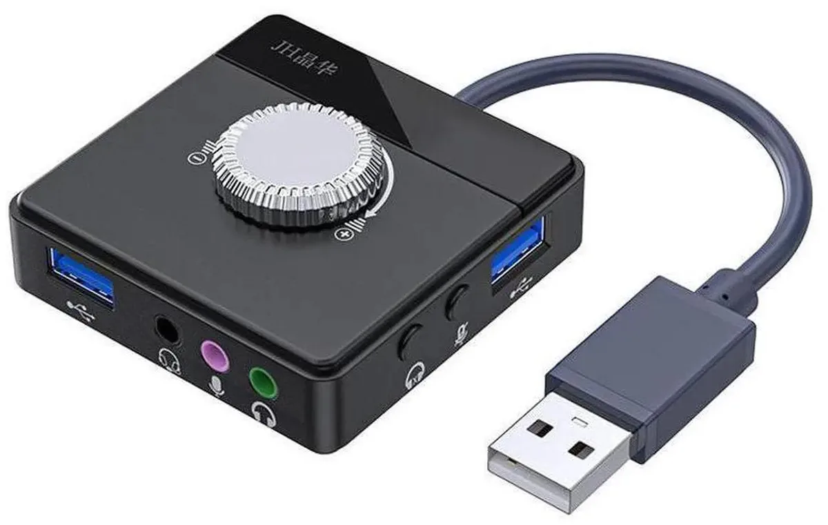 Small black USB dongle with separate headphone and microphone jacks