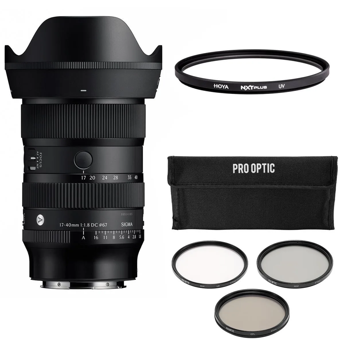 Black Sigma 17-40mm f/1.8 Art zoom lens with hood, caps, pouch and 67mm filter kit