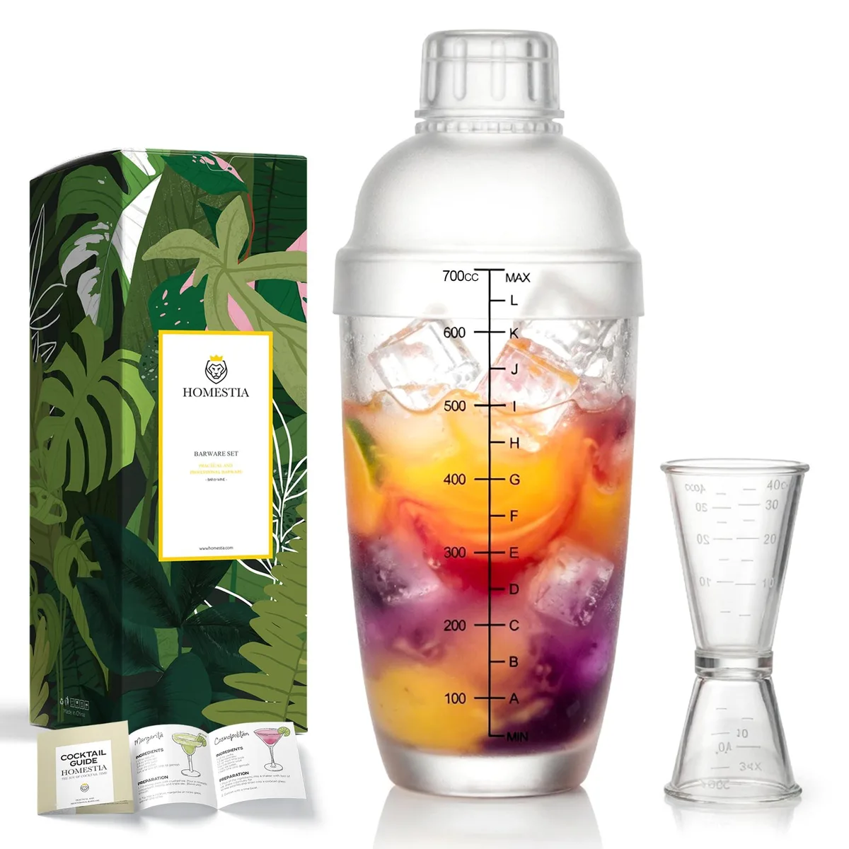 Clear 24oz plastic cocktail shaker with black measurement lines, frosted matte grip, built-in strainer lid, and double jigger