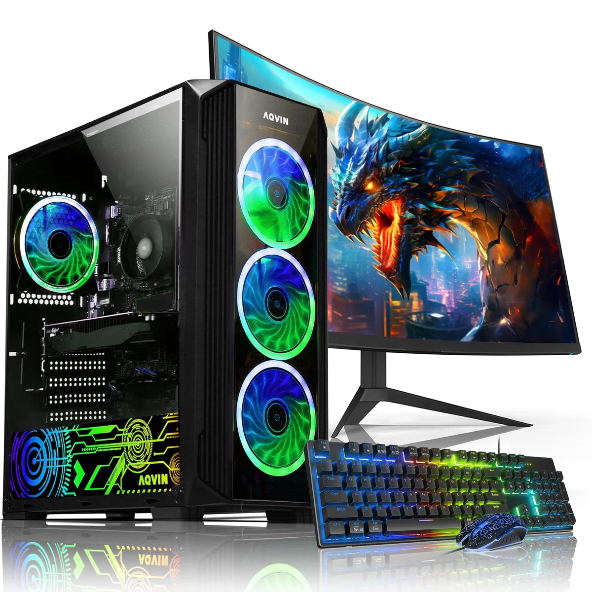 AQVIN AQVIN ZForce Gaming Desktop PC Ryzen 7 2700 RTX 3050 6GB 32GB DDR4 512GB SSD 27" Curved Monitor — product photo
