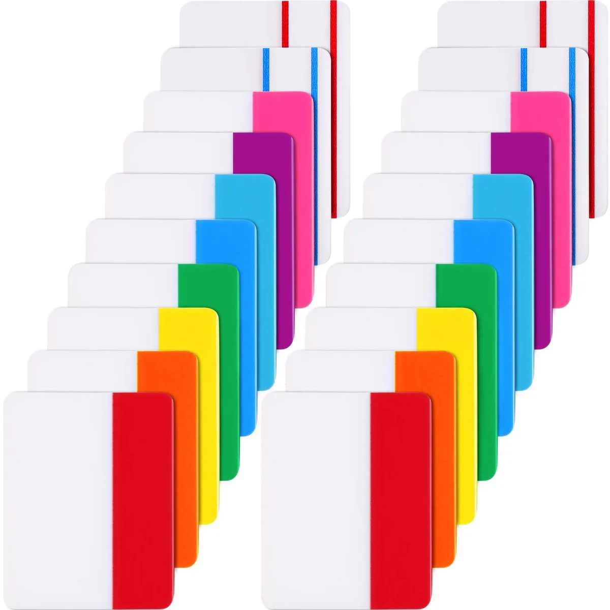 Rectangular neon adhesive tabs in assorted colours, stacked in a clear package