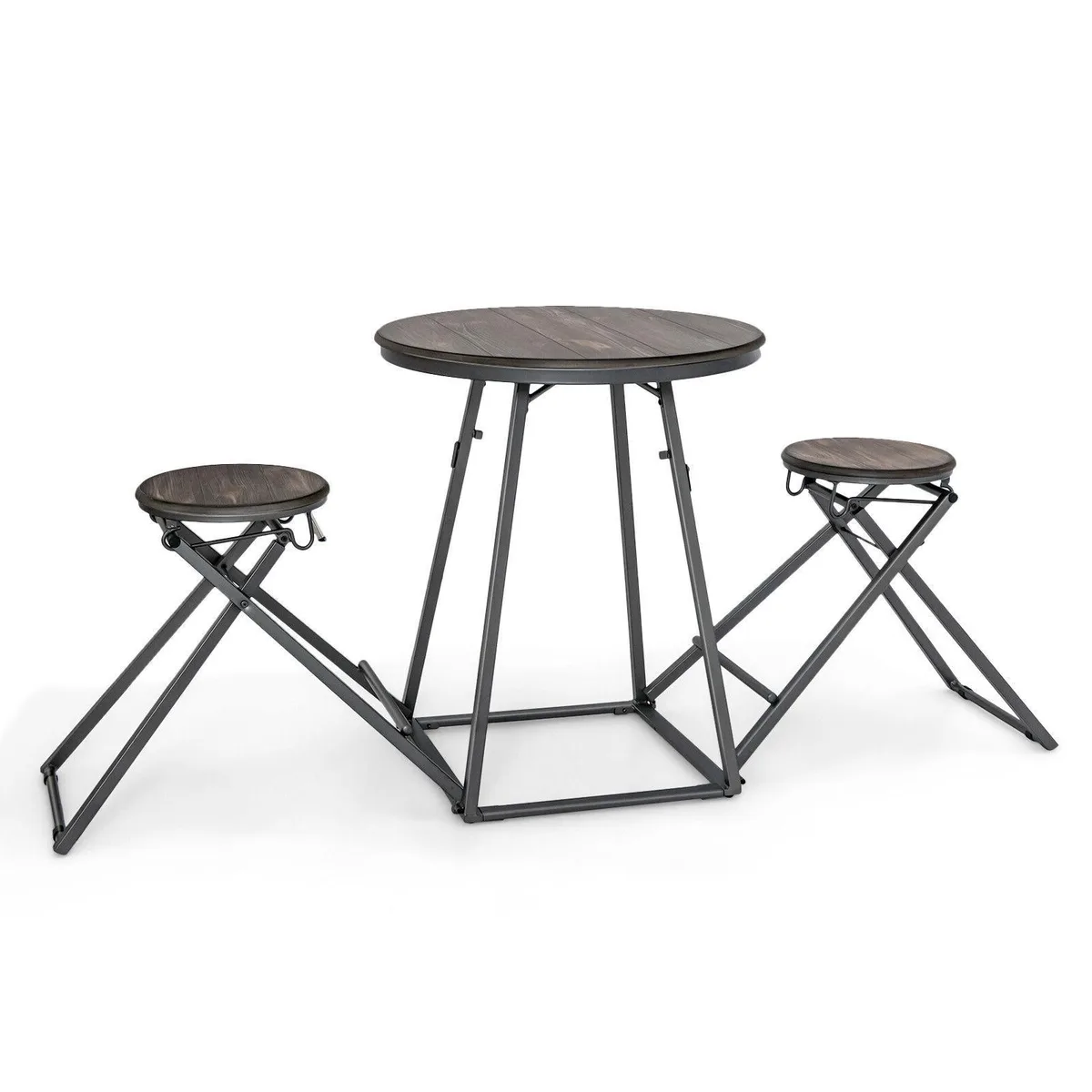 Gray round table with two foldable stools attached, steel frame and MDF tops