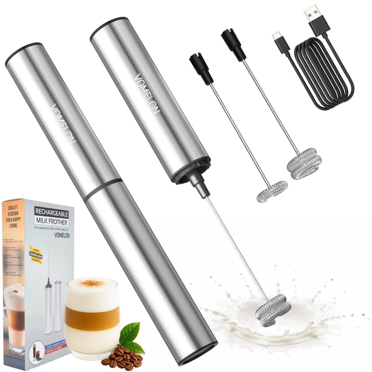  VOMELON MFB1501D Rechargeable Milk Frother 2-Speed Stainless Steel 304 — product photo
