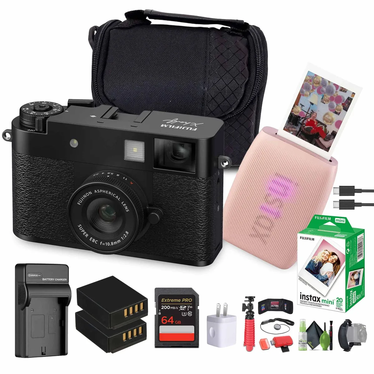 FUJIFILM FUJIFILM X half Digital Camera Kit (Black) with INSTAX MINI LINK 3 Printer (Rose Pink) — product photo